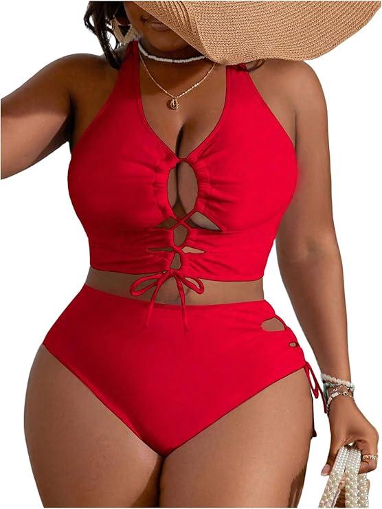 SOLY HUX Women's Plus Size Bikini Set Sexy Swimsuit Lace Up Tummy Control 2 Piece Bathing Suit Plain Red  2XL, 20 W