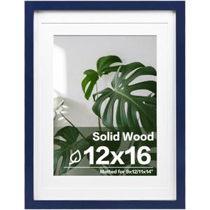 Egofine 12x16 Picture Frame Made of Solid Wood, Display Covered by Plexiglass, Display Pictures 9x12/11x14 with Mat or 12x16 Without Mat for Wall Mounting, Navy Blue