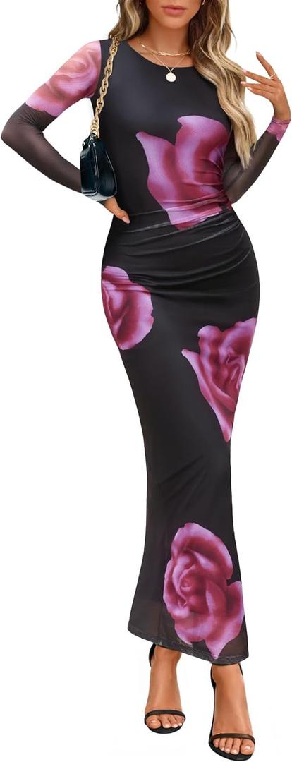 ZESICA Women's Long Sleeve Floral Maxi Dresses 2026 Fall Bodycon Crewneck Side Slit Ruched Fitted Party Long Dress (Large, Purple)