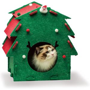 KAQJW Christmas Detachable Felt Cat Bed Condo Shelter House for Indoor Use - Easy to Assemble, Durable and Warm Funnest - Cozy Shelter with Built-in Scratching Board and Bonus Cat Toys