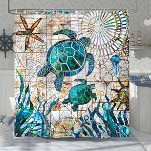Accnicc Nautical Sea Turtle Shower Curtain Teal Blue Stained Glass Ocean Theme Coastal Shower Curtains for Bathroom Vintage Map Beach Waterproof Fabric Bath Curtain Decor 72x72 Inches
