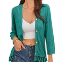 GRACE KARIN Women's 3/4 Sleeve V-Neck Boho Hollowed Out Crochet Knit Shrug Lightweight Cardigan Sweater with Tassels (Apricot)