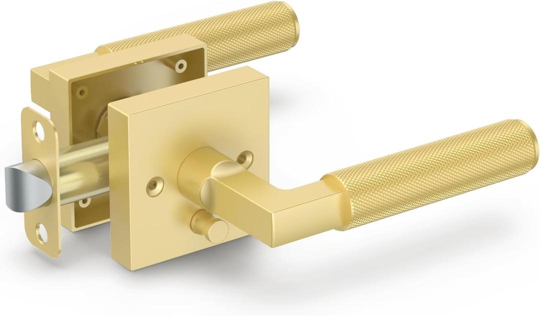 FILTA 1 Pack Gold Privacy Door Handles, Knurled Door Levers Interior Gold Door Lever Bathroom Door Knobs Heavy Duty Square Door Lock