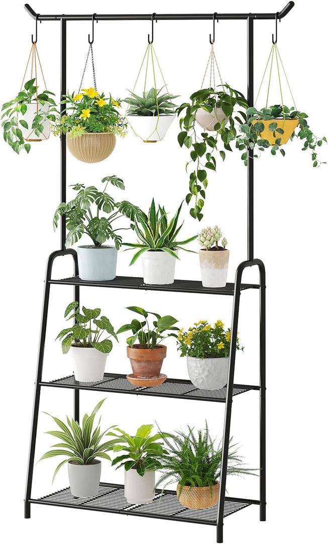 Kitsanery Plant Stand Indoor Outdoor,Metal Plant Stands for Multiple Plants,3 Tier Tall Hanging Plant Shelf,Large Heavy Duty Flower Holder Ladder Plant for Living Room, Patio, Balcony (Black)
