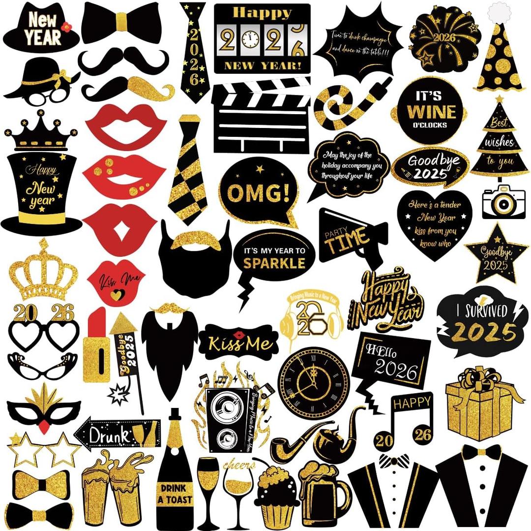 2026 New Year Photo Booth Props Kit, 60pcs Funny New Years Eve Party Photo Booth with Stick for Adult Kids Women Men Party Accessories for 2026 New Year Party Decor Decoration Favor Supplies