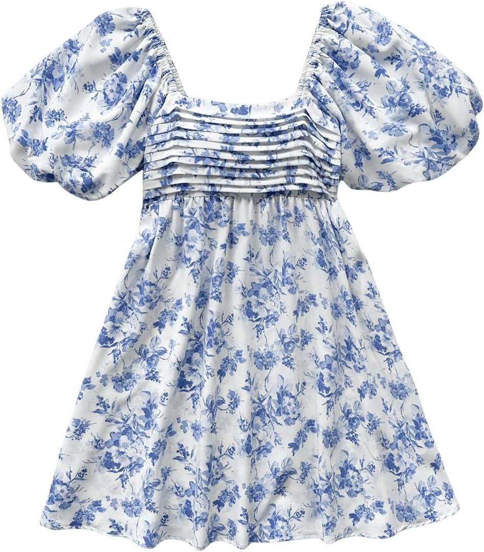 Floerns Women's Floral Dress Puff Sleeve Dress Square Neck Summer Vacation Picnic Mini Dresses (Medium, Blue and White)