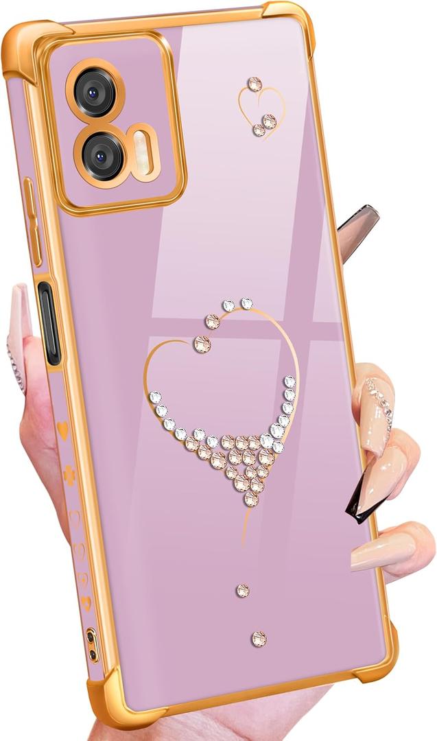 Petitian for Moto G 5G 2024 Case - Women Girls Bling Glitter Heart Design for Motorola for Moto G 5G 2024 Cases, Cute Girly Sparkle Gold Plating Phone Case Cover Funda for Moto G 5G Purple