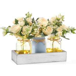 Mkono Mason Jar Lights Centerpiece Table Decor for Dining Room Farmhouse Wood Tray with 3 Jars Flowers Center Pieces Spring Decor for Coffee Table Kitchen Living Room, Grey Blue