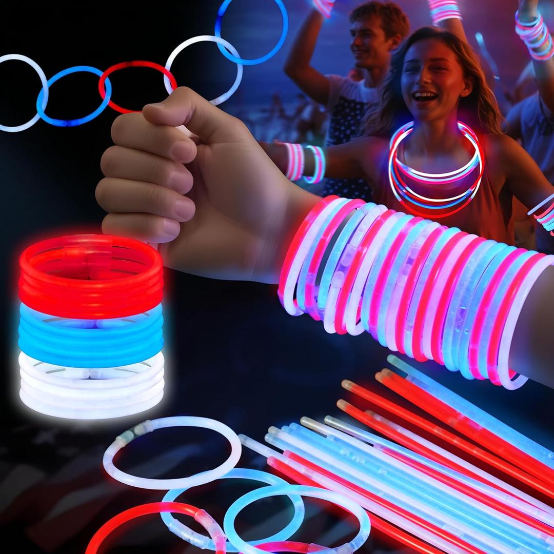 Red White Blue Glow Sticks Bulk 60 Pack with 70 Accessories, 4th of July Patriotic Party Supplies, Memorial Day Glow Bracelets & Necklaces for Kids Adults