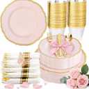 Hioasis 175pcs Pink and Gold Plastic Plates - Pink Plastic Dinnerware Set Includes 25 Dinner Plates, 25 Dessert Dinnerware, 25 Cups, 25 Napkins Perfect for Wedding & Easter & Mothers Day