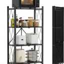ALANNG Heavy Duty 4-Tier Folding Shelf with Wheels, No Tools Assembly Metal Storage Rack Cart, 264LBS Capacity for Kitchen, Pantry, Laundry Room, Garage, (Black, 1PACK)