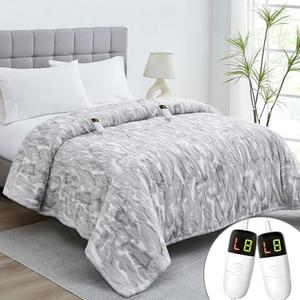 Guohaoi Heated Electric Blanket Throw, Soft Faux Rabbit Fur Heating Blanket with 10 Heating Levels 5 Sitting Timer Auto Off, 90"×90" King, Light Grey Cozy Fast Heating Warm Blanket
