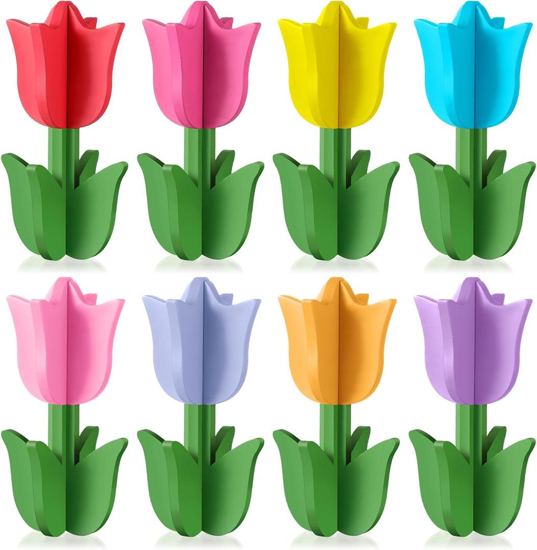 8 Sets Spring Decorations Tulips Wood Signs 3D Tulips Tiered Tray Decor Farmhouse Wooden Tabletop Decorations Spring Table Centerpiece Multicolor Floral Sign Block Craft for Home Easter Party