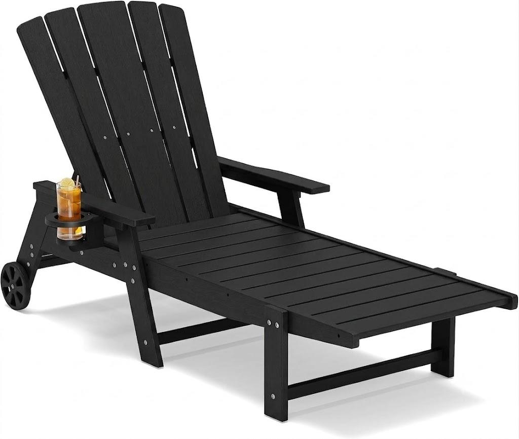Polyhouz Outdoor Lounge Chair,HDPE 4-Position Adjustable Chaise Lounge Outdoor with Rolling Wheels & Cup Holder,All-Weather Heavy-Duty Pool Lounge Chairs for Poolside,Patio, Black