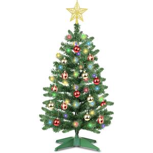 3 Ft Green Tinsel Christmas Tree Dual Color Change 12 Modes Timer DIY 50 Warm White & Multicolor Lights Star 15 Ball Ornaments Small Artificial Full Xmas Tree Battery Operated Table Home Indoor