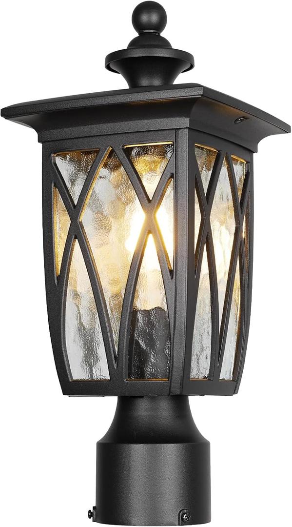 Outdoor Post Lights Lamp Post Light Fixture, 15'' Pole Lantern with E26 Base 60W Max & Waterproof Aluminum Housing Plus Water Ripple Glass,Fence Post Deck Lighting for Garden, Patio, Pathway (Medium)