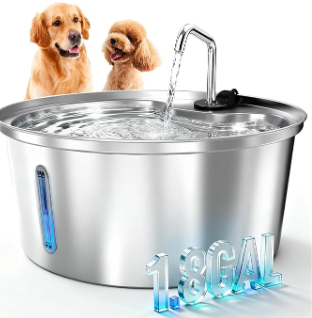 Pawccoli Dog Water Fountain Stainless Steel, 7L/1.8Gal Pet Fountain Water Bowl with Multi-Filtration & Deeper Drinking Aera, Large cat Water Fountain with Water Window & LED, Ultra-Quiet