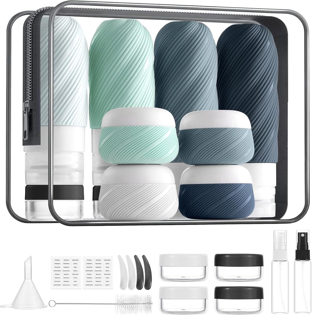 LitBear 23 Pack TSA Approved Travel Bottles for Toiletries, Leak Proof Refillable Travel Size Containers Kit with Silicone Squeezable Bottles Jars for Shampoo Lotion Conditioner, in Clear Bag, Gray