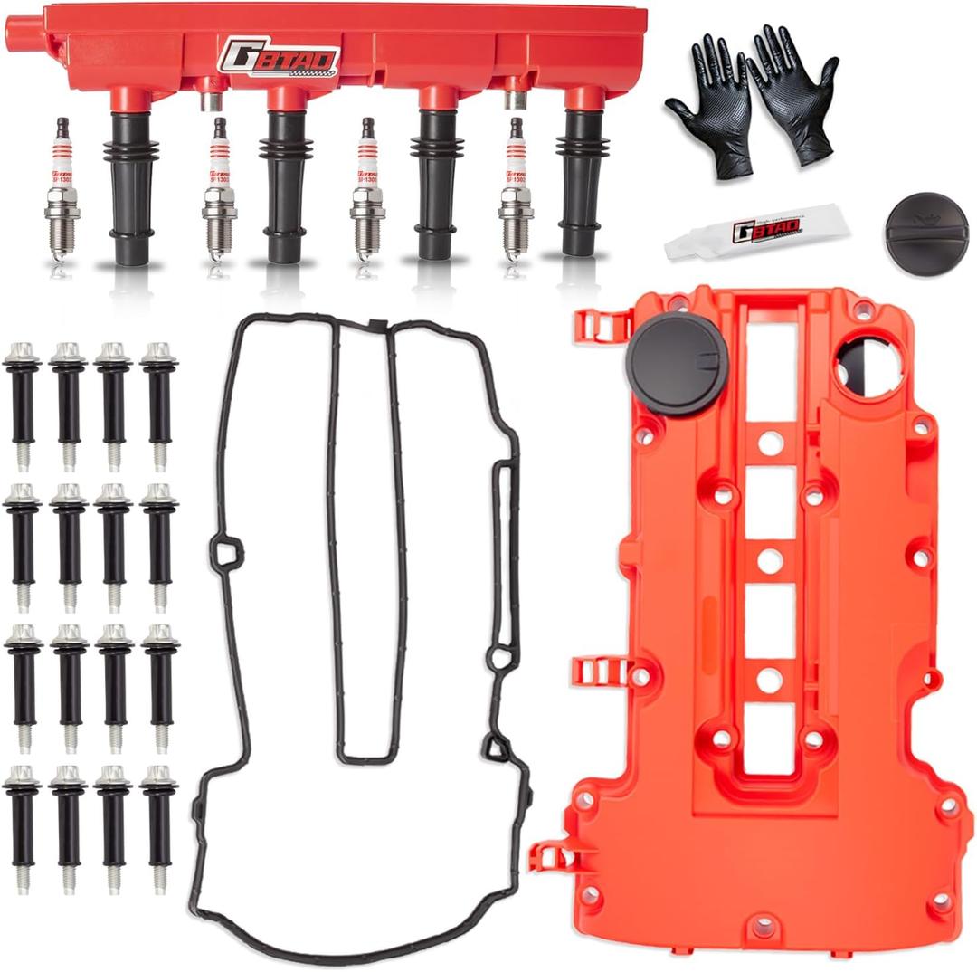Upgraded Ignition Coil Pack & Spark Plug & Engine Valve Cover with Gaskets, Bolts & Oil Filler Cap for 1.4L 1.8L L4 2011-2021 Chevy Cruze Sonic Trax Volt Buick Encore, Fits Cadillac ELR Replaces UF669