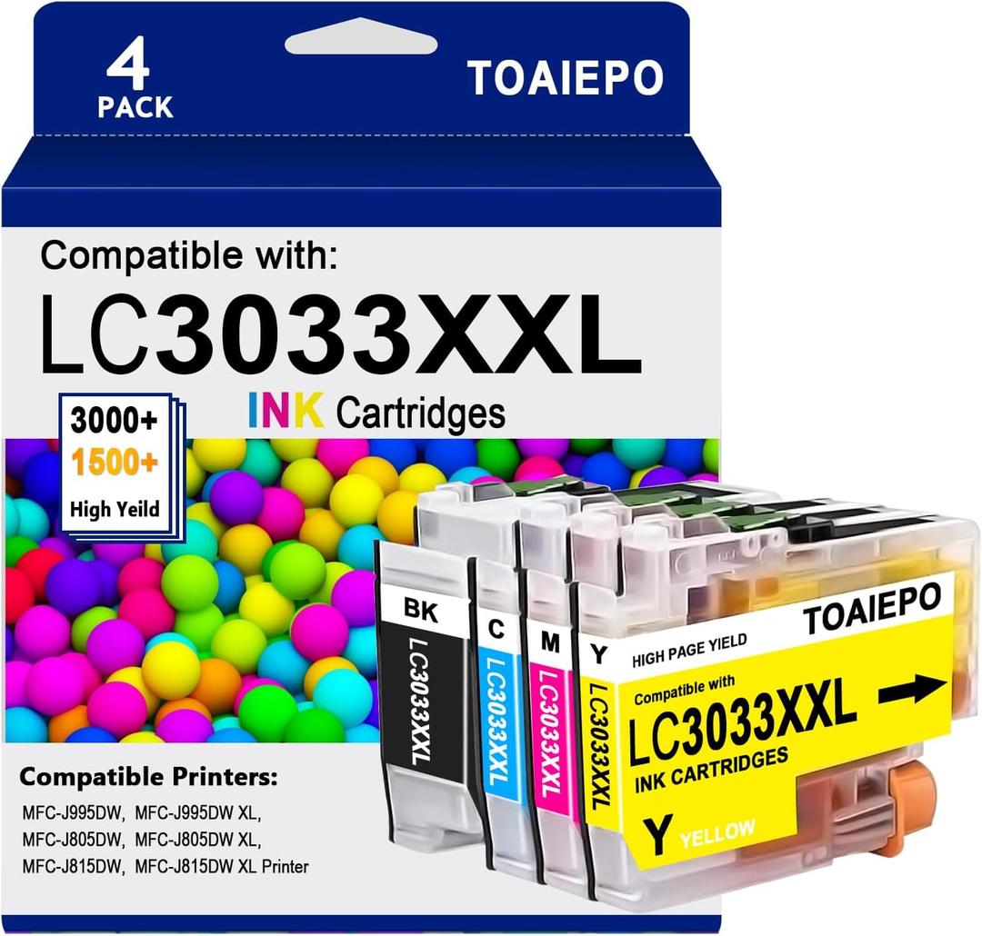LC3033XXL Ink Cartridges Replacement for Brother LC3033 bk/c/m/y Ink Cartridge Compatible with Brother MFC-J995DW MFC-J805DW MFC-J815DW Printer, 4 Packs