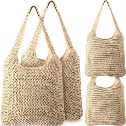 Dansydaisy 4 Pcs Crochet Beach Tote Bag Mesh Woven Shoulder Bag Beach Straw Bag Handmade Woven Shoulder Bags Boho Straw Handle Bags for Women