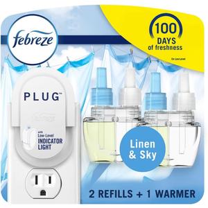 Febreze Plug in Air Fresheners, Linen & Sky Scent, Odor Eliminator for Strong Odors, 1 Warmer + 2 Oil Refills