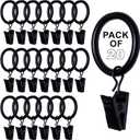 Black Curtain Rings with Clips 1 Inch Set of 20 Curtain Hooks for Drapes, Caps, Pictures - fits on Rod Diameter Upto 0.95Inch/24mm (Black, 1" Inch - 20 Pack)