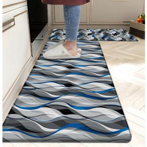 Kitchen Mats for Floor Modern Abstract kitchen rugs Grey and Blue Stripe Anti Fatigue Kitchen Mats Waterproof Floor Mats Cushioned Non-Skid Standing Mats for Kitchen, Set of 2,17.3 x 28+17.3 x 47