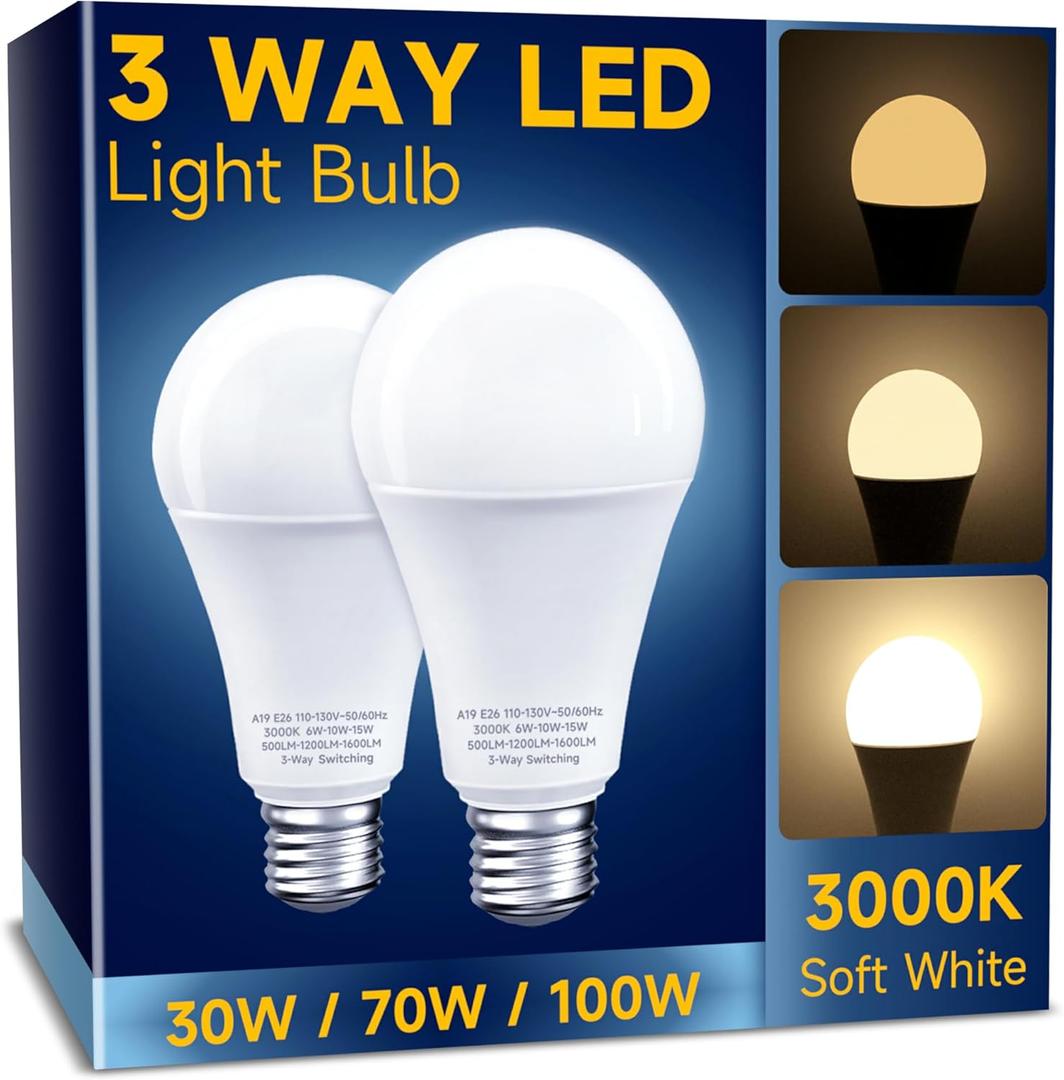 UNILAMP 3 Way LED Light Bulbs, Dimmable A19, E26 Base, Warm White 3000K, 30/70/100W Equivalent, 2 Pack for Bedroom, Kitchen, Living Room