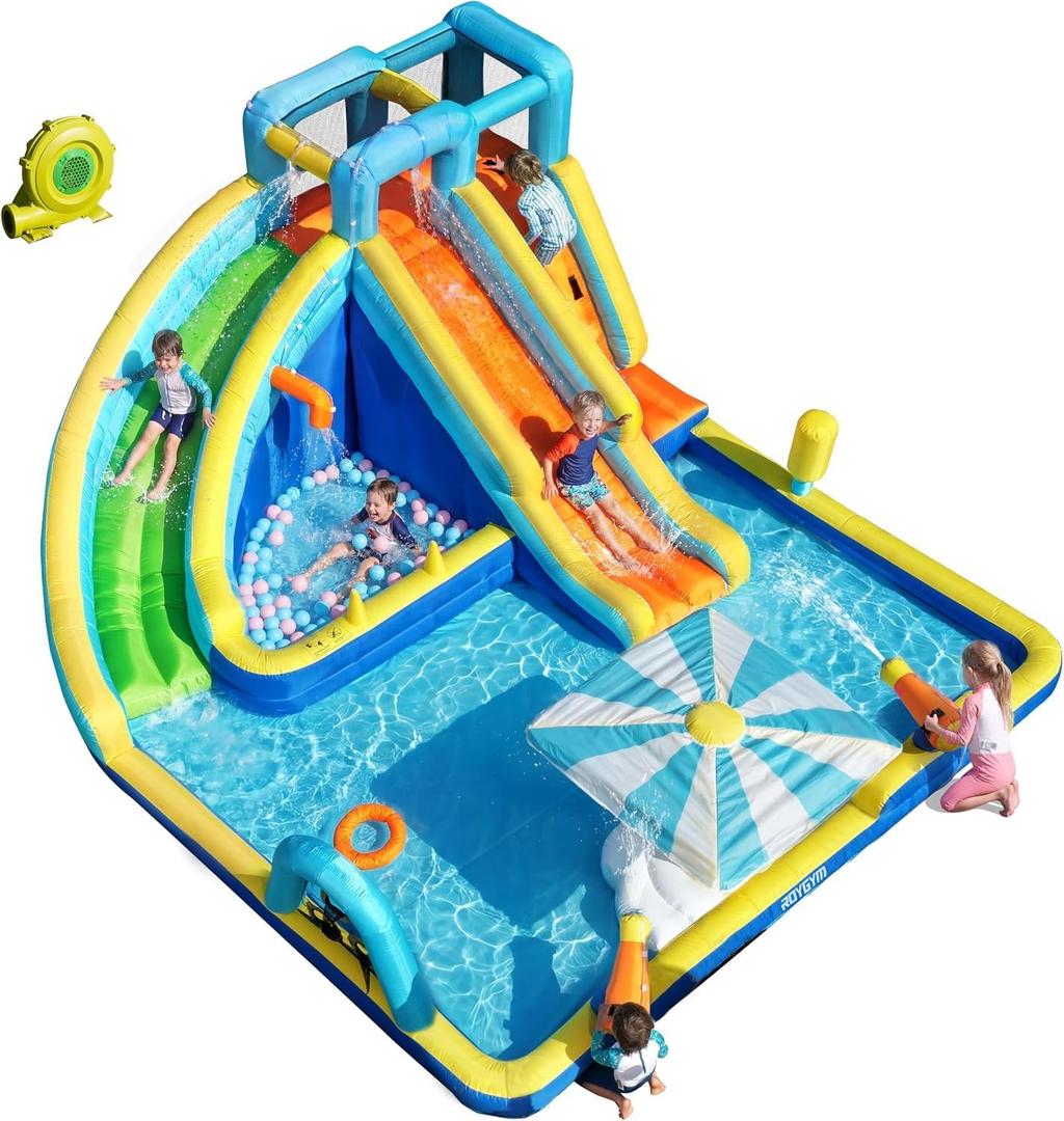 Inflatable Water Park for Kids, 16.4 ft × 14.1 ft Large Backyard Water Slides with Dual Slides, Dual Water Guns & Climbing Wall for Outdoor