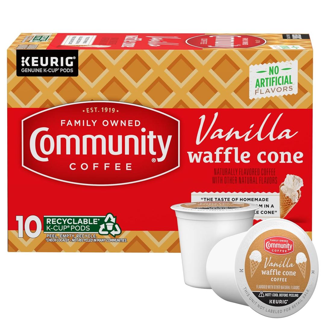 3 x Community Coffee Vanilla Waffle Cone Ice Cream Flavored, 10 Count Coffee Pods, Compatible with Keurig 2.0 K-cup Brewers, 10 Count (Pack of 1)