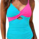 Popvil One Piece Swimsuit Women 2025 Tummy Control High Waisted Bathing Suit V Neck Swimwear Neon Sexy Cut Out Tie Back Swim Suits, Neon Green, Large