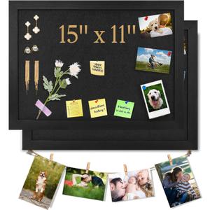 2PCS Black Bulletin Boards Cork Board with Felt, 15"x11" Small Display Pin Board Vision Board for Walls, Jewelry, Notes, Collection, Photos, Office, Wood Framed(Black) & Felt(Black), 2p