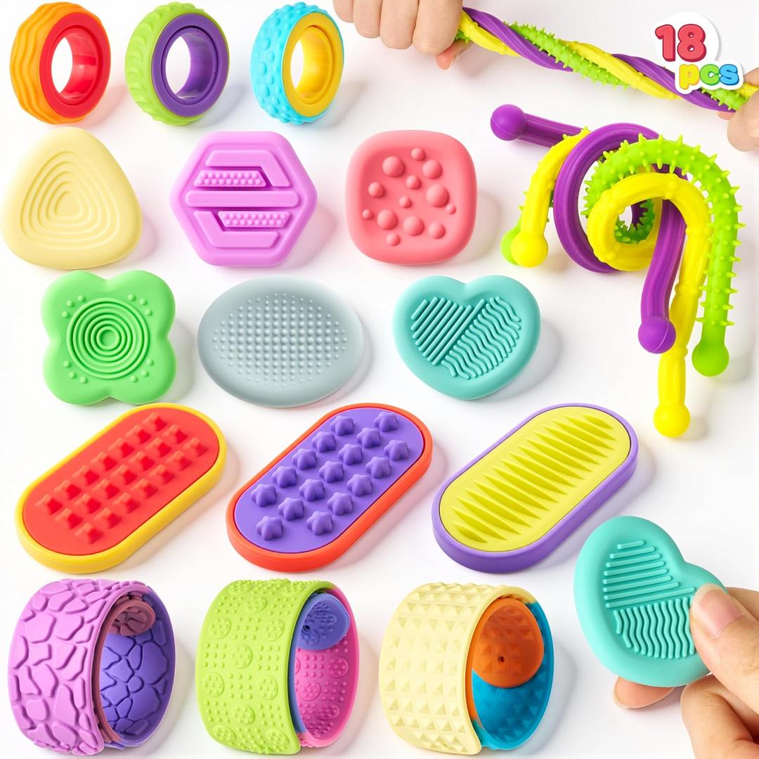 JOYIN 18 PCS Silicone Fidget Toys Set, Quiet Silicone Sensory Toys for Kids & Adults, Stress Relief Pack with Sensory Stones, Fidget Rings, Push Boards, Stretchy Strings & Textured Wristbands