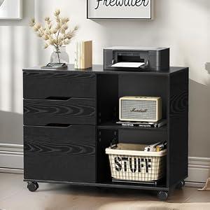 DUMOS Wood File Cabinet with 3 Drawers, Rolling Printer Stand, Black