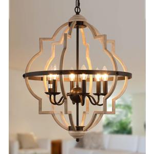 Q&S Rustic Antique Orb Chandelier Farmhouse Vintage 6-Lights Oak White Hanging Ceiling Light Fixtures for Foyer Dining Room Kitchen Living Room