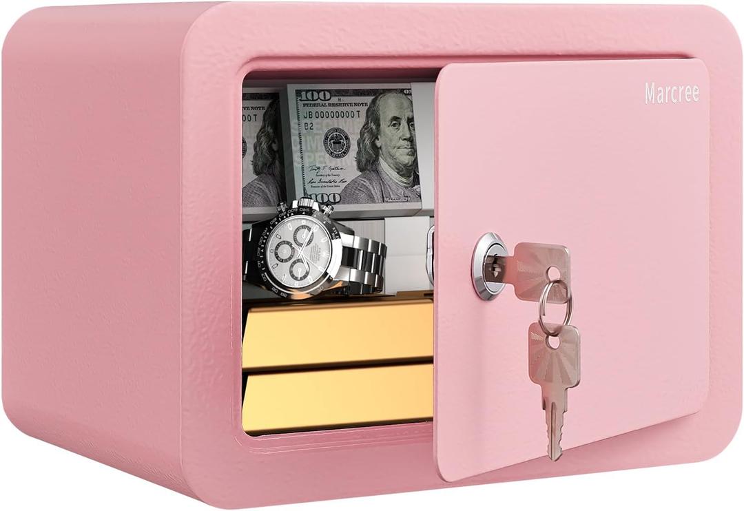Marcree 0.23 Cubic Small Safe Box for Home, Mini Safes for Kids, Pink Safe with Key, Security Cabinet Safes with Cutting-edge Bending, Lock Box with Keys for Money Cash, 6.69x 9.06x 6.69 Inches, Pink
