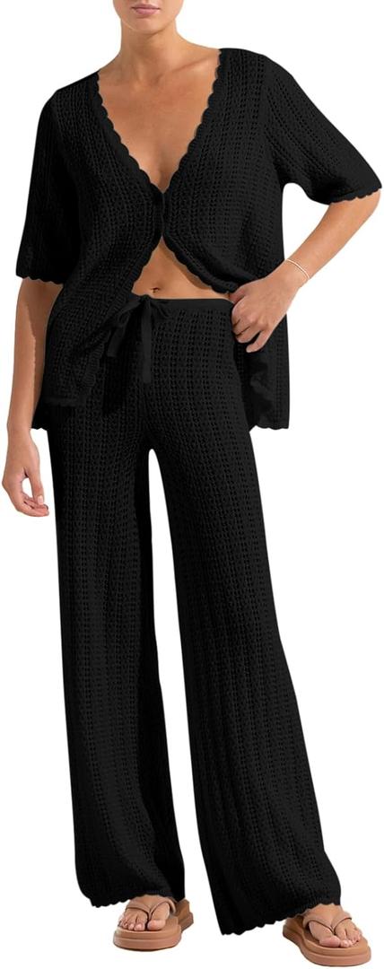 Imily Bela Women's Summer 2 Piece Swimsuit Cover up Crochet Knit Cardigan Tops Long Pants Set Bathing Suit Beach Outfit (Large, Black)