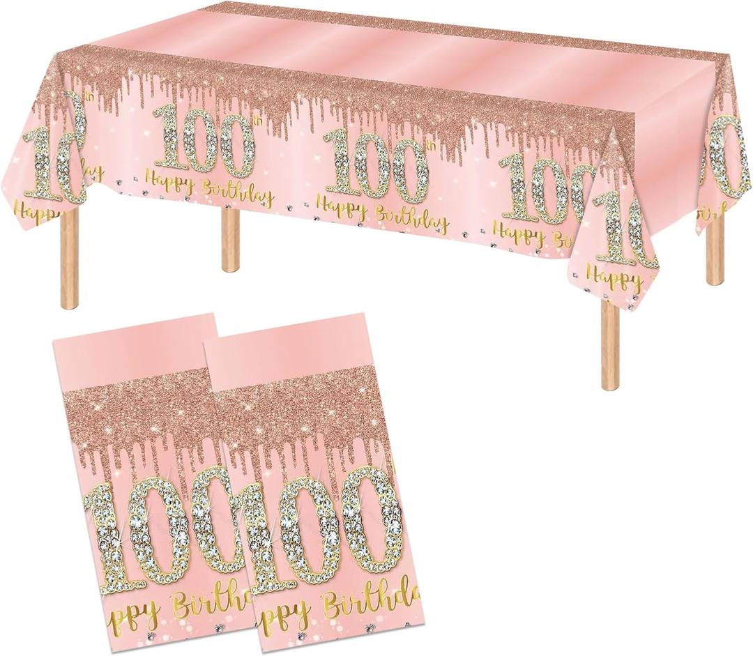 2PCS 100th Birthday Tablecloth Pink Rose Gold 100th Birthday Table Cover Happy 100th Birthday Decorations for Women Plastic Disposable 100th Birthday Party Supplies(54"x108")