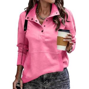 SHEWIN Women's Casual Long Sleeve Stand Neck Sweatshirt Lightweight Button Drawstring Pullover Tops L