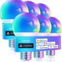 Linkind Matter Smart Light Bulb, WiFi Smart Bulbs, Work with Apple Home, Siri, Alexa, Google, SmartThings, RGTBW Color Changing Bulbs Mood Lighting, Music Sync, A19 E26 60W, 2.4Ghz WiFi 6 Pack