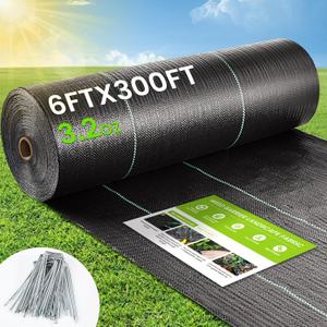 Weed Barrier Fabric, 6x300ft Landscape Fabric, 3.2oz Heavy Duty Durable Woven Geotextile Fabric, High Permeability Ground Cover Mat, Driveway Fabric, Garden Weed Control Cloth with 20 U-Securing Pegs