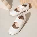 PANDANINJIA Girls Dress Shoes Ballet Flats Mary Jane Elastic Cross Strap Little Big Kid Low Heels Flower Girl Shoes (Ivory)