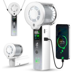 Doge&Vollar 4-in-1 Misting Handheld Fan, High Speed Portable Fan, White, 16000 RPM 1-100 Stepless Speed, 30H Max Runtime Personal Fan, Dual Type-C Flashlight, Wrist Strap Charging Cable