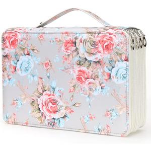 Vomgomfom 200 Slots Pencil Bag, 4-Layer Zipper Portable Art Supply Organizer, PU Leather Large Capacity Colored Pencil Case with Handle for 200 Watercolor Pens, Gel Pens (Gray Rose)