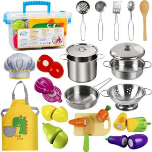 Sundaymot Play Kitchen Accessories, Wooden Play Food, Cooking Set with Stainless Steel Cookware Pots and Pans Utensils, Apron, Chef Hat, Cutting Food Kitchen Playset for Girls and Boys