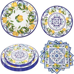 108Pcs Capri Lemon Party Plates Supplies Capri Yellow Lemon Party Plates Supplies includes Lemon Plate and Napkins Blue Tiles Mediterranean Parties Decor for Kids Birthday Baby Shower, Serves 36