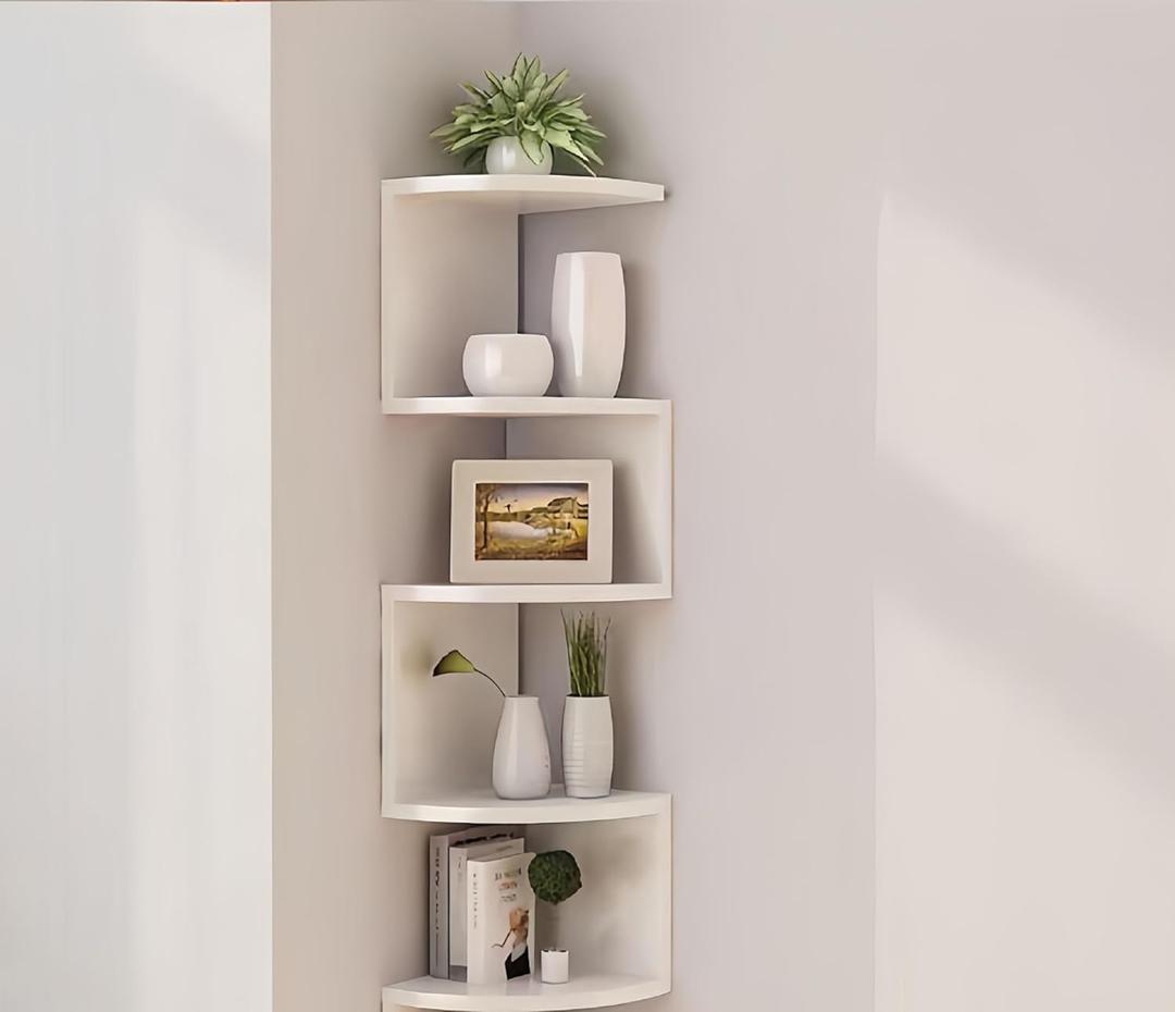 No-Drill Corner Shelf Wall Mount, 5-Tier Floating Corner Bookshelf with Hooks, Space-Saving Zigzag Plant Shelf for Bedroom, Living Room, Bathroom, Home Office (White)
