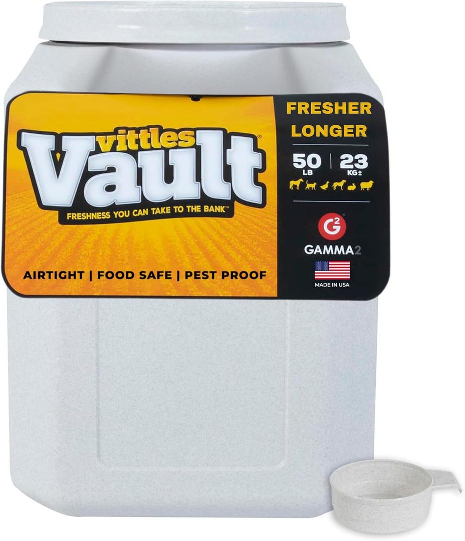 Vittles Vault Traditional Pet Food Storage Container For Dog Kibbles/Bird Seed/Oatmeal/Rice/Flour/Cereal, BPA Free Plastic, Sealed Airtight For Cat Food, Up To 50 lb, Made in USA, With Scoop, Gray, 50 Pounds