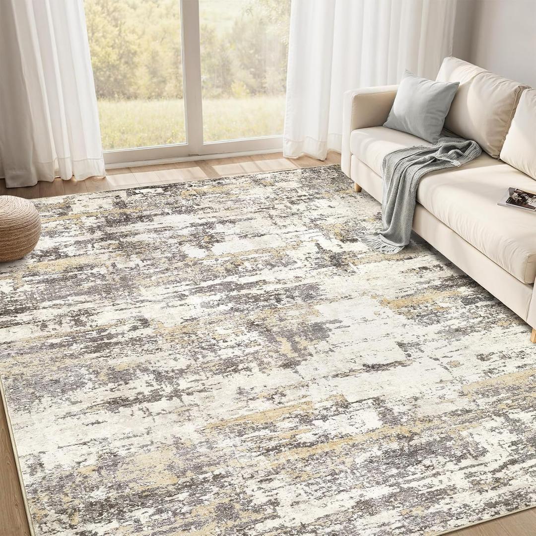 Area Rugs for Living Room: 7x9 Abstract Washable Rug Modern Neutral Large Soft Stain Resistant Non-Slip Backing Machine Table for Bedroom Dining Room Indoor Home Office Carpet - Gold Brown
